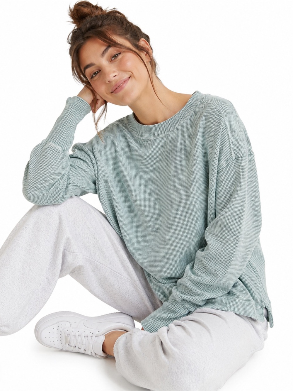 Aerie Getaway Waffle Knit Sweatshirt Green Oversized Crewneck XXS Notched Hem